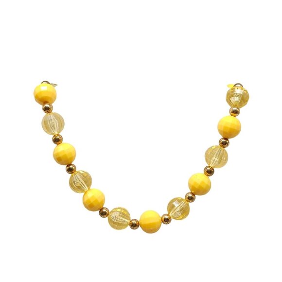 Vintage Yellow Acrylic Beaded Necklace Faceted Gold-Toned Accents 15" Length - Picture 1 of 5